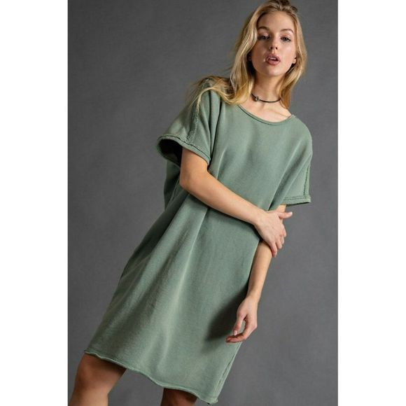 Easel Oversized Mineral Washed Terry Boxy Dress in Juniper Green New - Picture 2 of 5